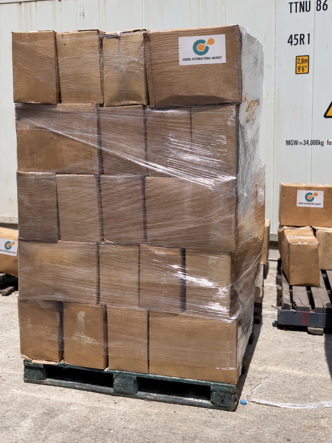 A full Gouro International Market pallet of brown cartons